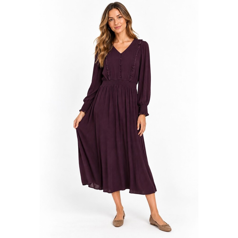 Garnet Hill Midi Dress Size Medium Plum Purple Ruffle Crepe Long Sleeve Cottage